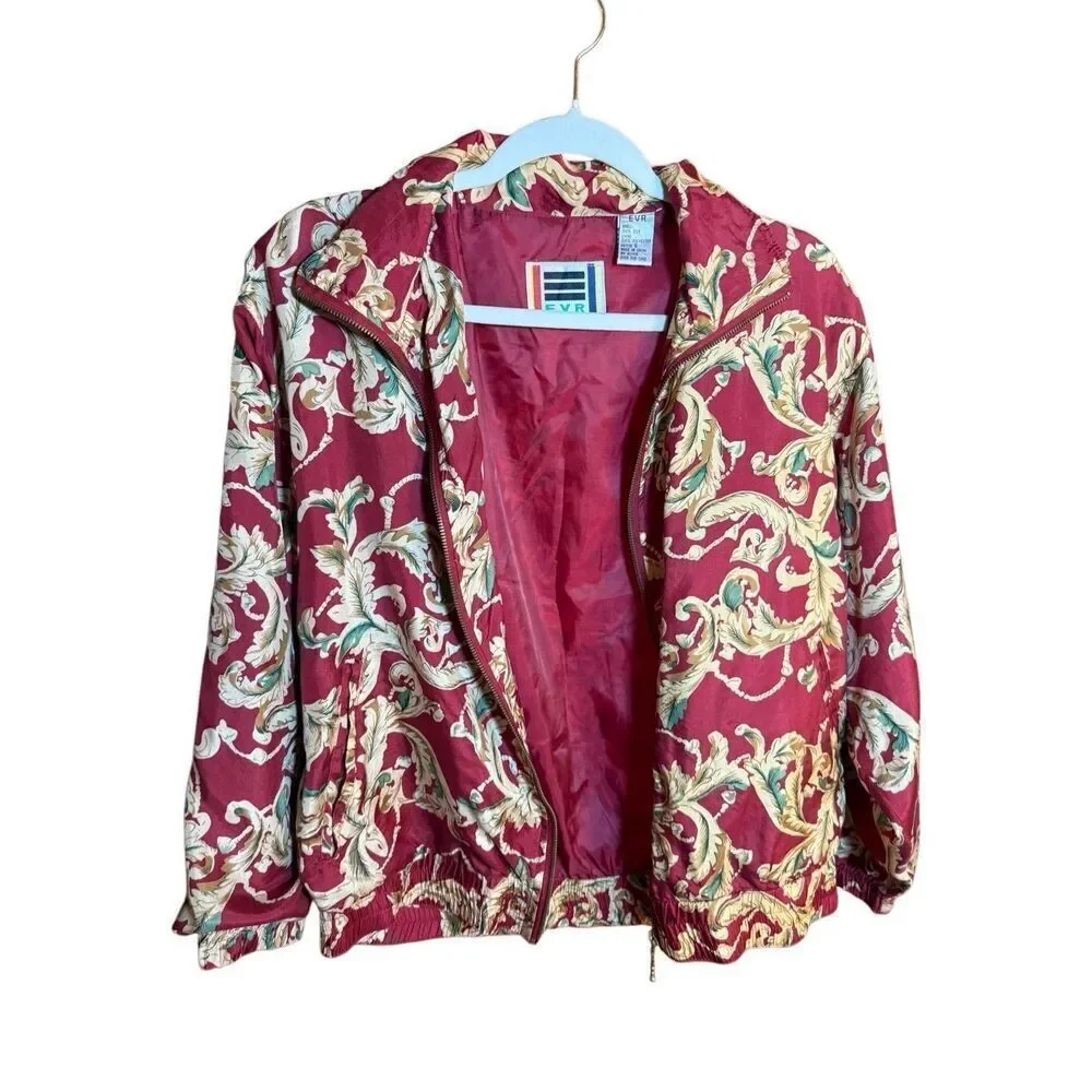 EVR DIV Rousso Apparel Vintage 100% Silk Women's Bomber Jacket Leaves Tan Red Sz
